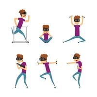 Young Man Wearing VR Glasses Interacting with Invisible Virtual Object Set vector