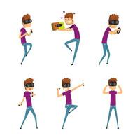 Young Man Wearing VR Glasses Interacting with Invisible Virtual Object Set vector