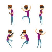Young Man Wearing VR Glasses Interacting with Invisible Virtual Object Set vector