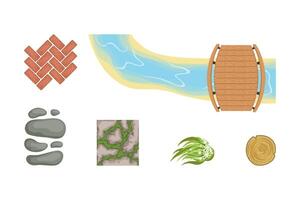 Wooden Bridge Across Stream, Pebbles and Tiling as Landscape Elements Set vector