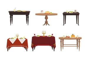 Tables Covered with Tablecloth and Served with Food Set vector