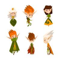 Cute Forest Elves as Fairytale Magic Characters with Pointed Ears in Green Clothes Set vector