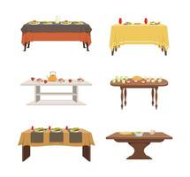 Tables Covered with Tablecloth and Served with Food Set vector