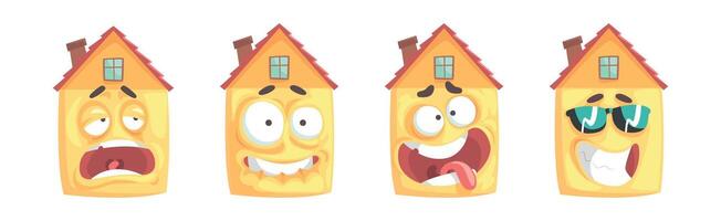 Humanized House Funny Building Character with Various Face Expression Set vector