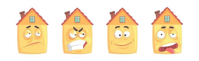 Humanized House Funny Building Character with Various Face Expression Set vector