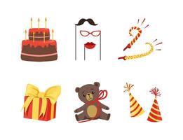 Gift Box, Cake with Burning Candles and Cap as Birthday Party Attribute Set vector