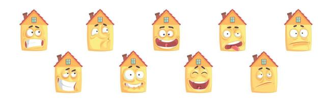 Humanized House Funny Building Character with Various Face Expression Set vector