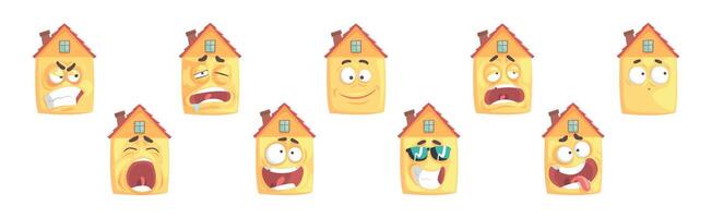Humanized House Funny Building Character with Various Face Expression Set vector