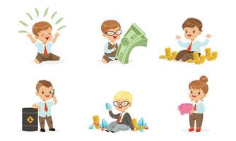 Toddlers play with bills and coins. Set of illustrations. vector