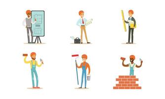 Male builders and engineers with tools. illustration on a white background. vector