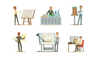 Male engineers are designing a new building. illustration on a white background. vector