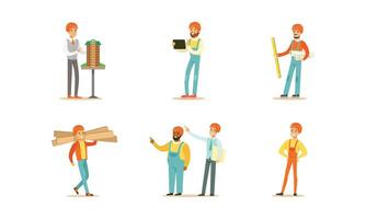 Engineers and builders in yellow helmets with tools. illustration on a white background. vector