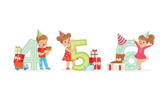 Children in party hats are standing next to large numbers. illustration on a white background. vector