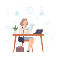 Woman at a table in a cafe holds a sheet of paper. illustration. vector