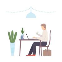 Man works on a laptop in a cafe. illustration. vector