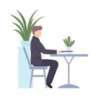 Man in a black suit sits at a table. illustration. vector