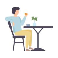 Man eats a bun at the table. illustration. vector