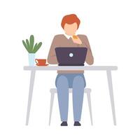 Man with a laptop sits at a table. illustration. vector