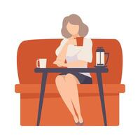 Woman sits on a red sofa at a table in a cafe. illustration. vector