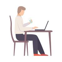 Man works on a laptop at the table. illustration. vector