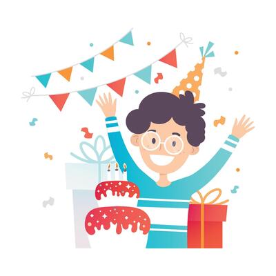 Teenager in glasses rejoices on the birthday cake. illustration.