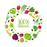 Round frame of root vegetables and greens. illustration on a white background. vector