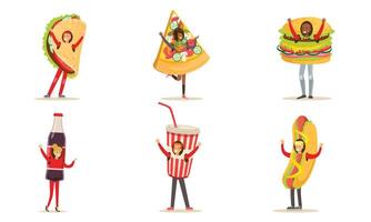People Characters In Fast Food And Snacks Costumes For Menu Or Banners Illustration Set Isolated On White Background vector