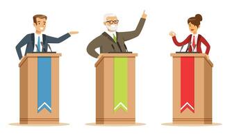 Politician And Candidates Giving A Speech Behind Rostrum In Debates Illustration Set Isolated On White Background vector