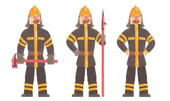 Cartoon Firefighter Character Posing In Working Outfit With Instruments Illustration Set Isolated On White Background vector