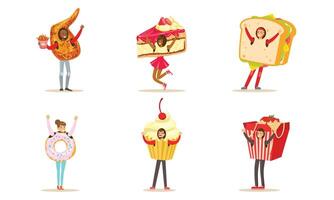 Smiling People Wearing Fast Food And Dessert Costumes For Menu Or Advertising Illustration Set Isolated On White Background vector