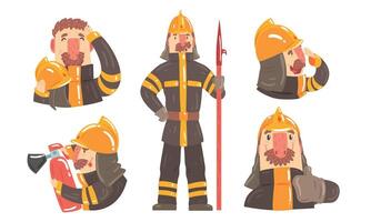 Cartoon Male Fireman Character In Different Actions With Tools Illustration Set Isolated On White Background vector
