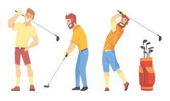 Three Men Characters In Sportswear Playing Golf Illustration Set Isolated On White Background vector