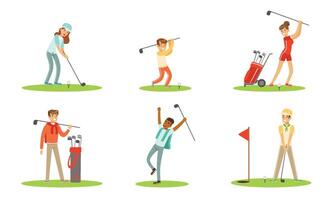 Collection Of Golf Players Characters In Different Actions Outdoor Illustration Set Isolated On White Background vector