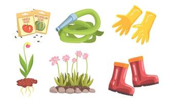 Garden Instruments And Stuff For Plant Flowers, Fruits And Vegetables Illustration Set Isolated On White Background vector