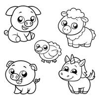 Adorable Farm and Mythical Creatures Coloring Sheet Pig, Chick, Sheep, Unicorn, and Calf vector