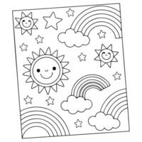 Bright Sky Design Coloring Page with Cute Suns, Rainbows, and Clouds vector