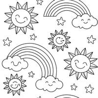 Cute and Colorful Sky Pattern with Rainbows, Clouds, and Smiling Suns vector
