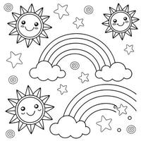 Coloring Fun Cute Sky Scene with Clouds, Stars, and Smiling Suns vector