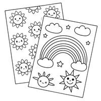 Playful Sky Pattern Coloring Sheet with Sun, Stars, and Rainbows vector