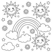 Smiling Suns, Rainbows, Clouds, and Stars Cute Sky Pattern Coloring Page vector