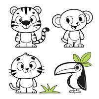 Color Your Favorite Jungle Animals Tiger Cub, Monkey, Frog, Toucan, and Parrot vector