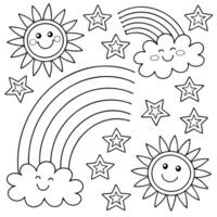 Fun and Cheerful Sky-Themed Coloring Page with Happy Suns and Stars vector