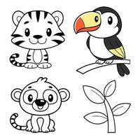 Jungle Playmates Tiger Cub, Monkey, Frog, Toucan, and Parrot for Coloring vector