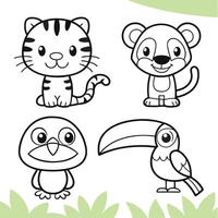 Jungle Fun with Friendly Animals Tiger Cub, Monkey, Frog, Toucan, and Parrot vector