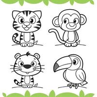 Jungle Creatures for Kids Tiger Cub, Monkey, Frog, Toucan, and Parrot to Color vector
