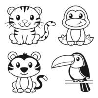 Jungle Animals to Color Tiger Cub, Monkey, Frog, Toucan, and Parrot vector