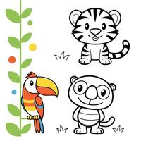 Jungle Fun Coloring Page Tiger Cub, Monkey, Frog, Toucan, and Parrot vector