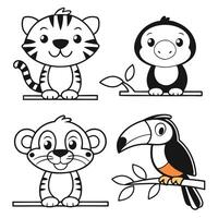 Whimsical Jungle Creatures for Kids Tiger Cub, Monkey, Frog, Toucan, and Parrot vector