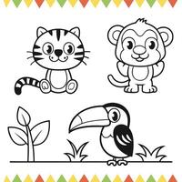 Coloring Fun with Jungle Animals Tiger Cub, Monkey, Frog, Toucan, and Parrot vector