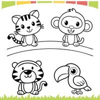 Friendly Jungle Animals Set Tiger Cub, Monkey, Frog, Toucan, and Parrot to Color vector